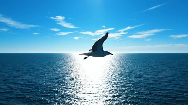 Graceful seagull soars in the bright sunshine against a vibrant blue sky over a shimmering ocean
