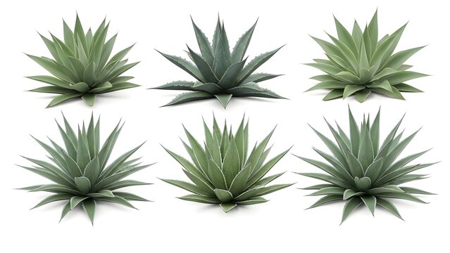 Six Blue Agave Plants in a Grid on a White Background