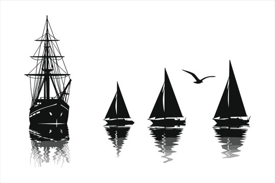 Vintage Sailboat Silhouettes with Seagull