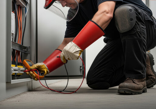 Electrician wearing protective gear, including gloves and face shield, carefully uses a multimeter to test electrical wiring inside a panel, demonstrating safety and precision in electrical work.