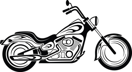 Black and white motorcycle with flame design, vintage chopper vector illustration isolated on white background, classic cruiser bike graphic art © MdTohidul