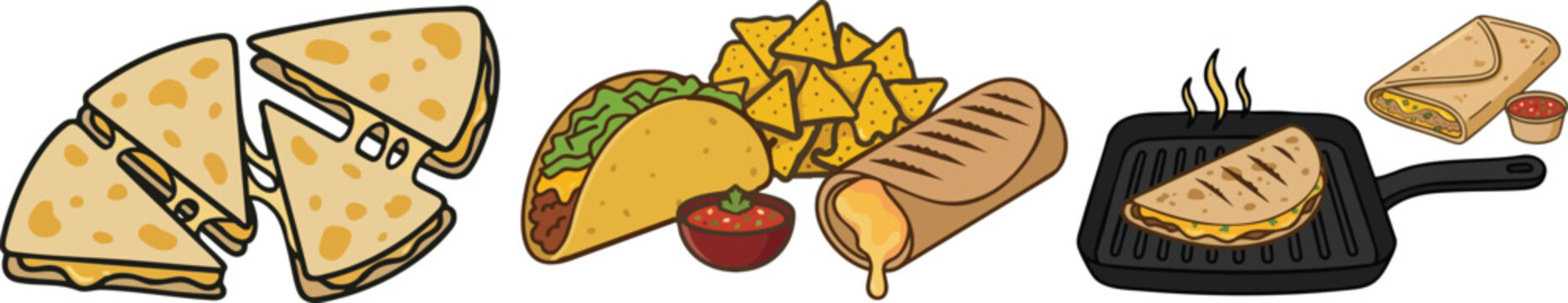 Web Mexican Food Vector Set for Cinco de Mayo - Tacos, Nachos with Salsa, Quesadillas, and Burritos - Flat Illustration Bundle for Restaurant Menus and Fiestas