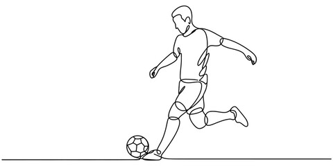 Fototapeta premium A minimalist single continuous line drawing of a soccer player kicking a ball across the field.
