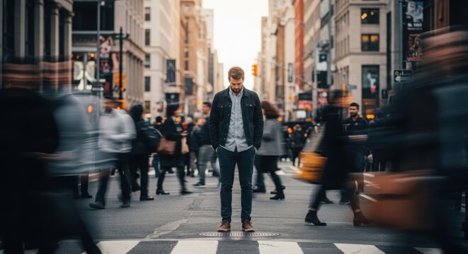 Man standing alone amidst a blurred, bustling city crowd, lost in thought on a street crossing
