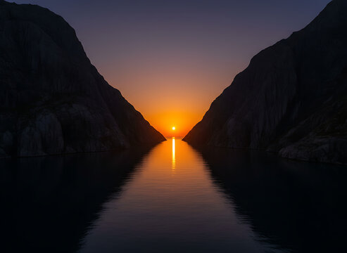 The sun makes a bright path across the water between two big hills.