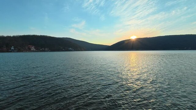 Slow Pan Across Lake &ndash; Red Earth Shore Fades Out, Autumn Sunset. Location: Bovan Lake. Balkans, Serbia.