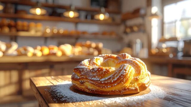 A glazed pastry dusted with sugar on a wooden surface, bakery in background
