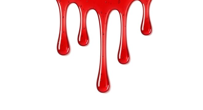 Vibrant red liquid dripping down a white background