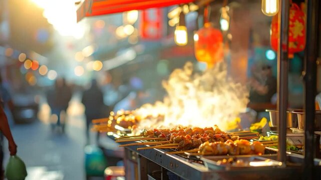 Street food stall with skewers cooking; bustling crowd, sunlight and bokeh