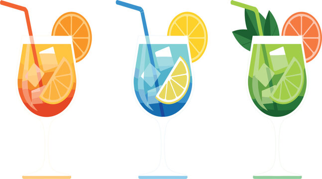 Set of tropical summer cocktails with citrus slices, ice cubes and straws in vector illustration