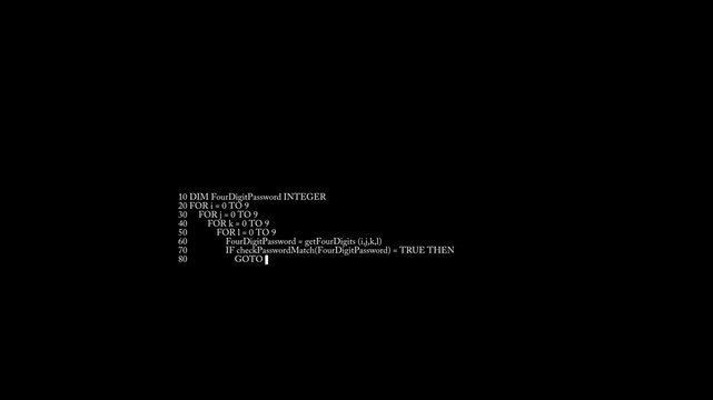 Password hacking algorithm on hacker screen. Coding terminal on black background