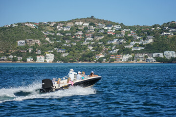 Fototapeta premium South Africa,Knysna Lagoon,A speedboat carrying passengers cruises across calm blue waters near a hillside town with houses scattered across the slope.
