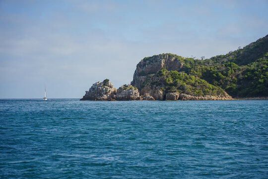 South Africa,Knysna Lagoon,A rocky coastline with lush greenery and calm blue waters under a clear sky
