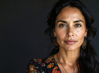 Mujer morena con cabello oscuro de raza y cultura gitana con mirada directa sobre fondo oscuro, expresión natural, detalle de piel y rasgos gitanos con espacio para copy