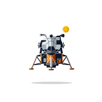 lunar module apollo mission spacecraft depicting moon landing and space exploration floating near a cratered moon in a modern flat design style illustration.