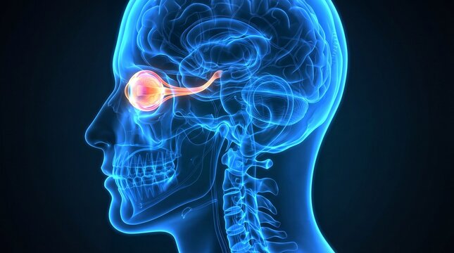 Human head anatomy with glowing brain and optic nerve highlighting eye vision pathway in transparent skull medical illustration