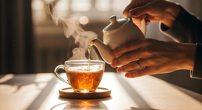 Pouring hot tea from kettle into glass cup steam rising warm beverage