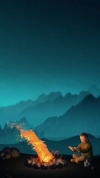 Low Poly Animated Man Sitting by Fire at Night Adventure Hiking Scene