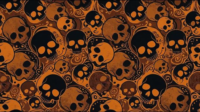 Stop motion with orange skulls on black concept. Seamless pattern of artistic orange and black skulls for Halloween spooky decoration and gothic design
