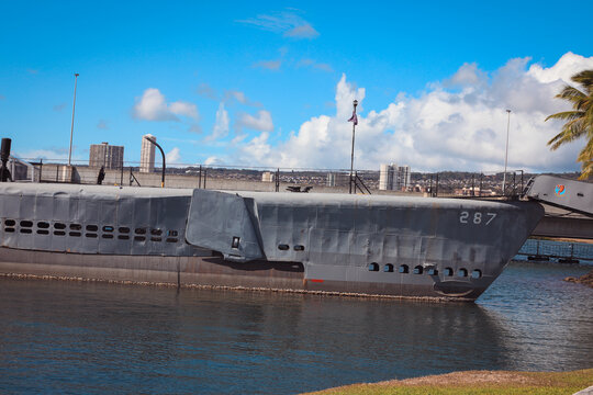 USS Bowfin submarine in Pearl Harbor museum on August 5, 2016 in Oahu. Attack on Pearl Harbor by Empire of Japan in 1941 brought United States into World War II.