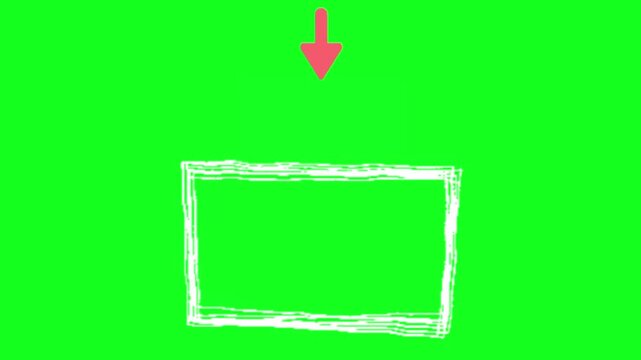 Chroma key download or insert content template with a hand-drawn white rectangular frame and a prominent red arrow pointing down on a vibrant green screen background