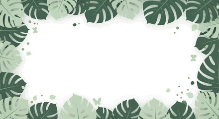 Fototapeta premium Tropical Monstera Leaves Border Frame with Butterflies, Greenery Background