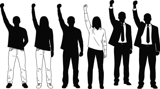 Diverse Group of People Raising Fists in Solidarity and Protest Silhouette Vector Illustration