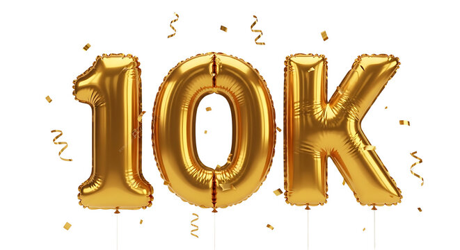 golden 10k foil balloons floating celebrating a significant business milestone or social media success with festive confetti.