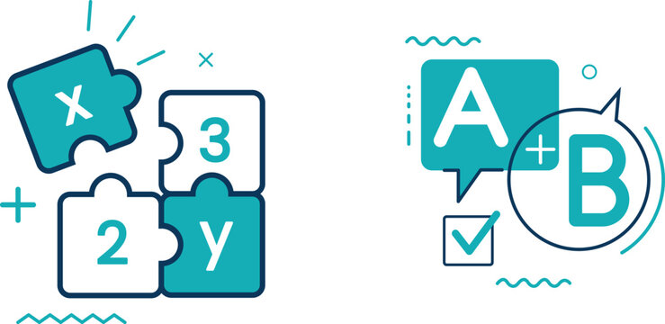 Puzzle pieces representing algebraic equations and logical operations in a digital format