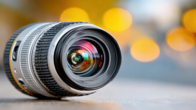 Camera lens macro close up with colorful bokeh lights and reflective glass elements for product banner background and equipment display