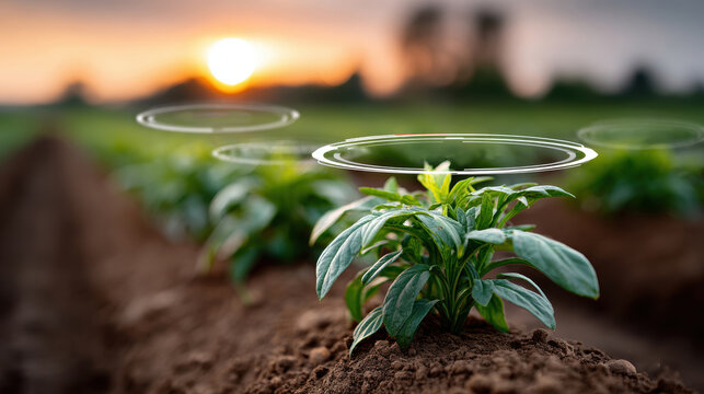 Young crop plant with sensor overlay at sunrise for precision agriculture monitoring and crop analytics background for farm technology