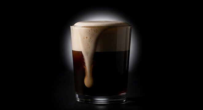 Dark Beer with Creamy Foam Pouring Over Edge in Glass. nitro coffee