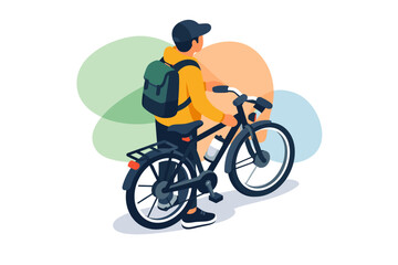 Fototapeta premium Man with Backpack Riding Bicycle Outdoors.