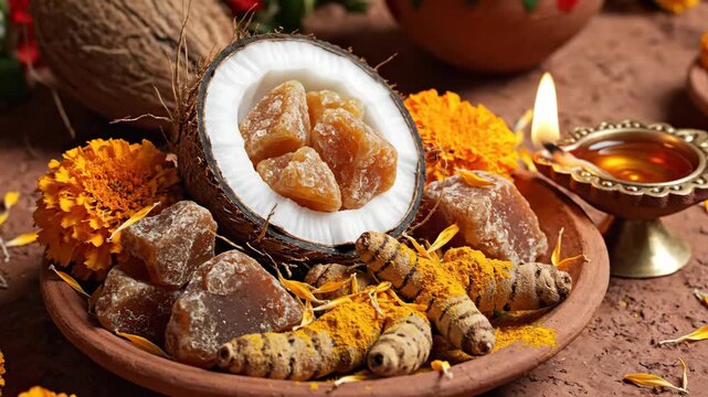 Traditional Indian sweets with jaggery, coconut, and marigold flowers on festive platter.