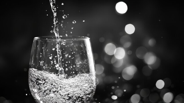 Pouring Water Into Glass with Bubbles and Light Effects