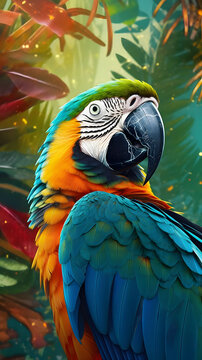 A vibrant macaw parrot perches amidst lush tropical foliage in a sunny rainforest scene.
