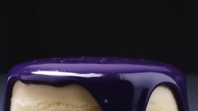 Slow motion tracking close up of cheesecake with purple glaze pouring and dripping on tabletop in studio
