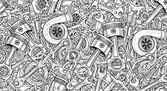 Monochrome automotive parts pattern, detailed car engine components and tools doodle, mechanical turbocharger and piston vector background
