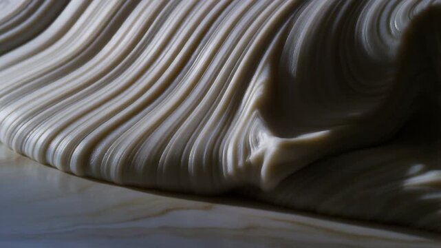Slow motion tracking handheld dolly close up of dough folding stretching and draping on marble countertop in kitchen during morning preparation
