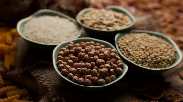 Close-up of carbohydrate-rich foods on a table, including bread, rice, wholegrain flakes, oats, wheat and corn pasta. Carbs Food.