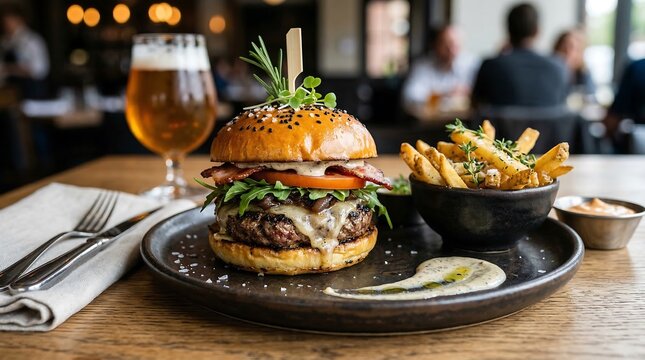 A juicy burger with melted cheese and fresh herbs sits on a dark plate next to a bowl of crispy fries and a glass of beer in a restaurant setting.
