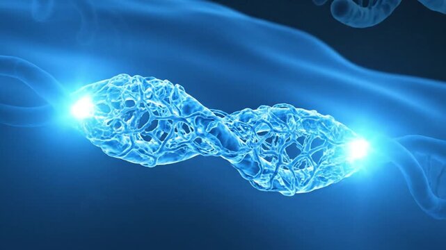 Glowing blue dna double helix structures floating in a dark blue background with particles