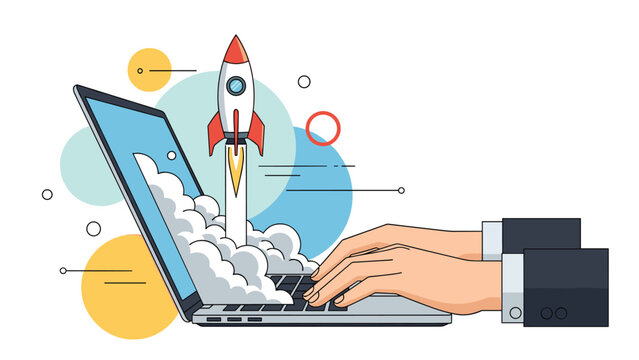 Business startup launch concept featuring a rocket ship taking off from a laptop keyboard as a person types to represent growth.