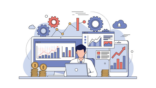 Professional data analyst monitors financial growth and performance charts on multiple digital screens to optimize business strategies.