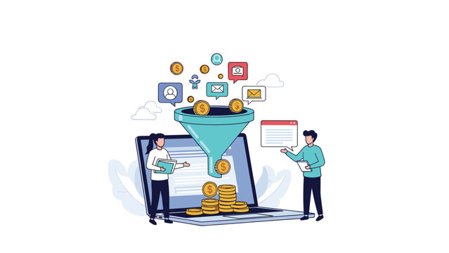 Sales team analyzes the marketing funnel on a laptop screen to convert digital leads and social engagement into successful revenue.
