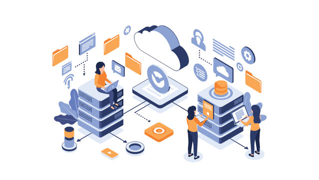 Digital team collaborates on cloud storage and data center management using various connected icons for efficient workflow organization.