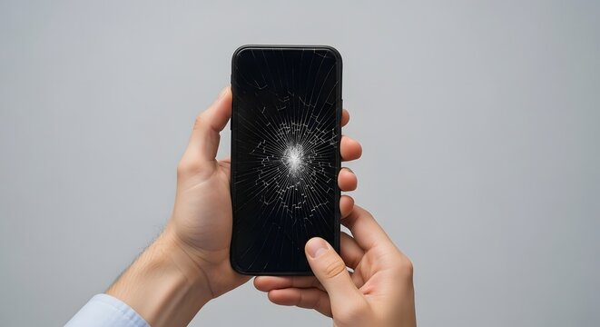 Person holding black smartphone with heavily shattered and cracked screen