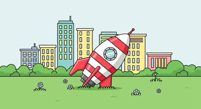 cartoon rocket spaceship crash landing nose-down in green urban park near city buildings a playful illustration of space exploration.