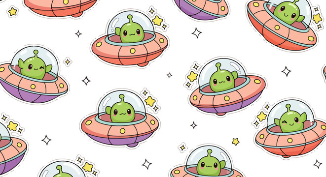 cute alien cartoon flying saucer space pattern a fun seamless background with kawaii aliens in ufos ideal for kids.