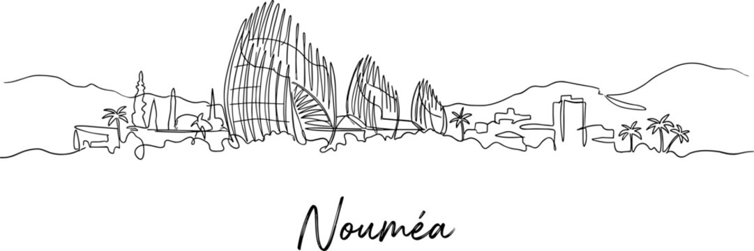 Noumea New Caledonia city skyline panorama with Tjibaou Cultural Centre line art vector